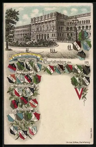 Lithographie Berlin-Charlottenburg, Tech. Hochschule mit Studentenwappen