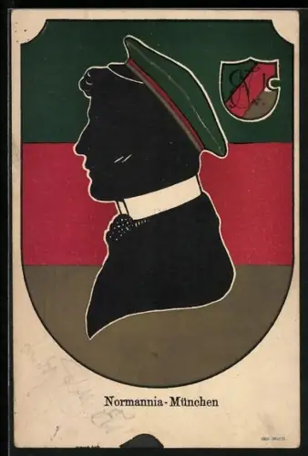 Künstler-AK München, Normannia, Schattenbild eines Studenten auf Studentenwappen