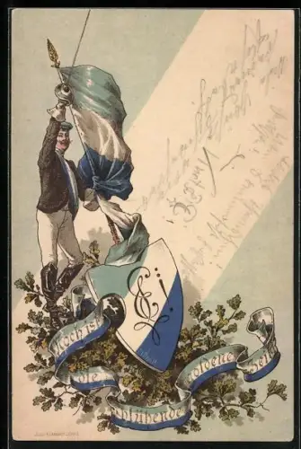 Lithographie Student mit Fahne, Hoch ist die blühende goldene Zeit, Studentenwappen