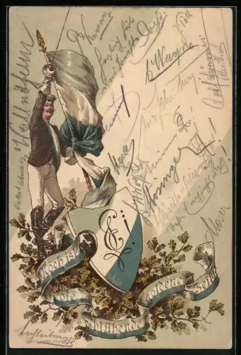 Lithographie Hamburg-St.Pauli, Student mit erhobenem Degen, Fahne und Schild