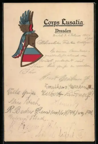 Künstler-AK Dresden, Studentenwappen mit Helm, Corps Lusatia
