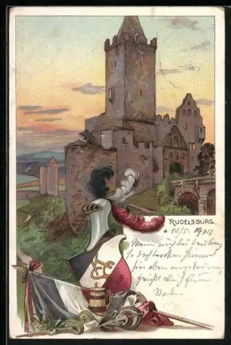 Lithographie Rudelsburg, Studentenwappen mit Helm und Fahne, Blick auf die Burg