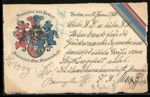 Künstler-AK Berlin, Studentenwappen, Brunonia sei`s Panier! Vaterland, Ehre, Wissenschaft