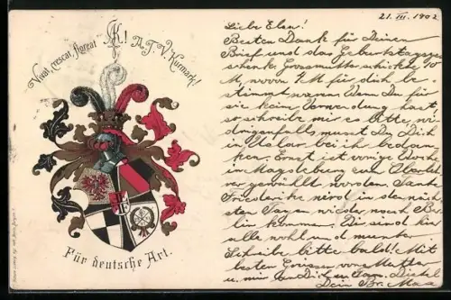 Lithographie Studentenwappen mit Helm, A. T. V. Kurmark, Vivat, crescat, floreat