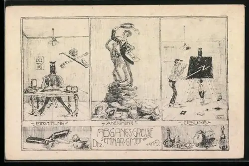 Künstler-AK Gmünd, Absolvia 1919, Studenten bei Einstimmung, Aneignung und Übung