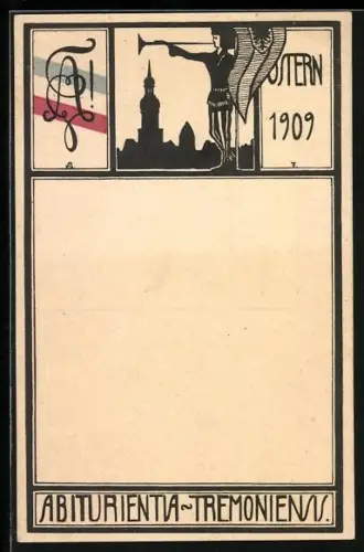 Künstler-AK Dortmund, Absolvia 1909, Studentenwappen und Trompeter, Abiturientia Tremoniensis