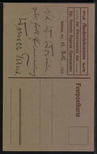 Künstler-AK Coblenz, Abschiedkommers der Abiturienten des Kgl. Kaiserin Augusta-Gymnasiums 1913, Pennälers Abschied