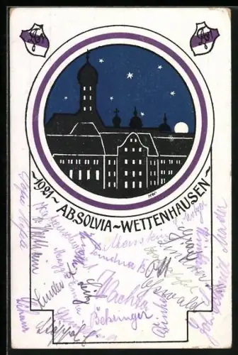 AK Wettenhausen, Absolvia 1921, Fassaden bei Nacht, Studentenwappen