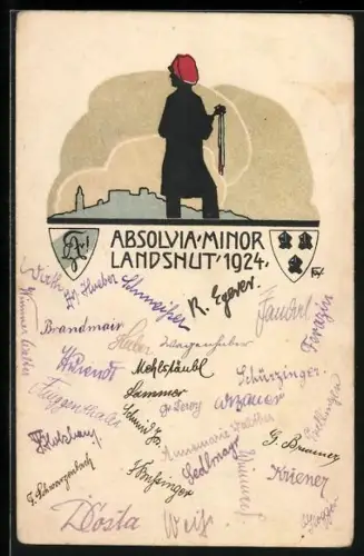 Künstler-AK Landshut / Isar, Absolvia Minor 1924, Student und Studentenwappen