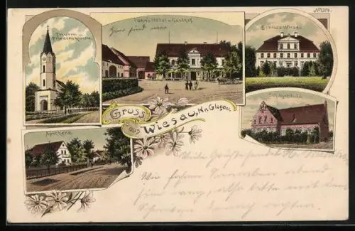 Lithographie Wiesau /Kr. Glogau, Hahns Hotel u. Gasthof, Apotheke, Schloss, Schulgebäude