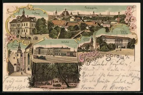 Lithographie Sorau / Zary, Totalansicht, Rathaus, Bahnhof, Glockenturm
