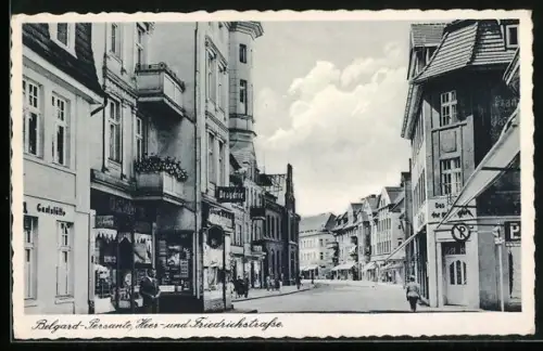 AK Belgard /Persante, Gaststätte, Drogerie, Heerstrasse, Friedrichstrasse