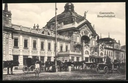 AK Czernowitz, Kutschen vor dem Hauptbahnhof