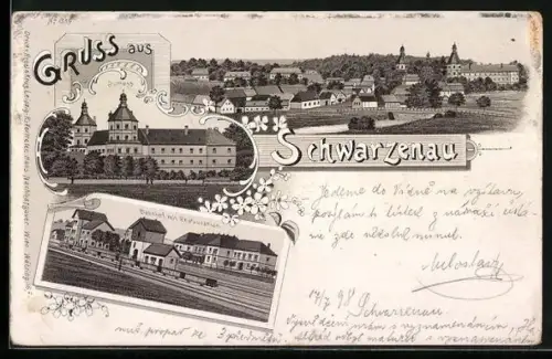 Lithographie Schwarzenau, Bahnhof mit Restaurant, Schloss