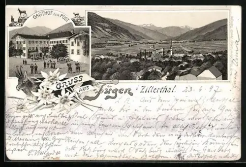 Lithographie Fügen / Zillerthal, Panorama mit Gasthaus Zur Post