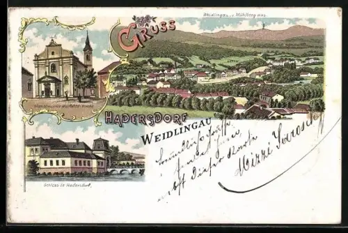 Lithographie Hadersdorf-Weidlingau, Schloss, Mariabrunner Wallfahrts-Kirche, Ortsansicht