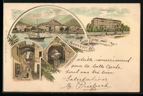 Lithographie San Remo, Hotel West-End, Vecchia Strada, Panorama
