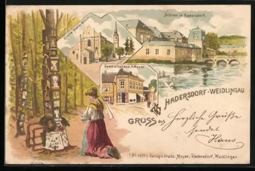 Lithographie Wien XIV, Hadersdorf-Weidlingau, Geschäftshaus F. Mayer, Kirche Maria Brunn, Waldandacht einer Frau