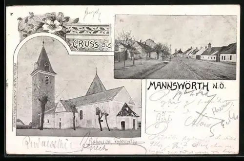 AK Mannswörth /N. Ö., Blick auf die Kirche und Strassenpartie im Ort