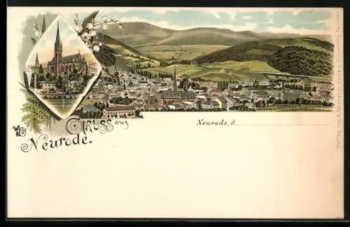 Lithographie Neurode, Blick auf die Kirche und Ortspanorama mit Hügeln