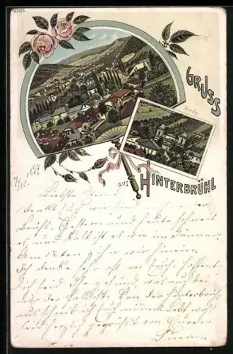 Lithographie Hinterbrühl, Ortsansicht im Fächer-Passepartout, Blick auf die Kirche