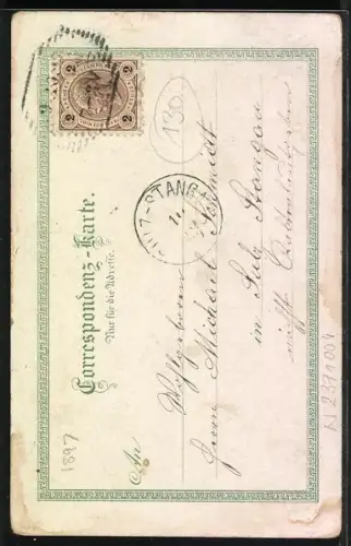 Lithographie Hinterbrühl, Ortsansicht im Fächer-Passepartout, Blick auf die Kirche