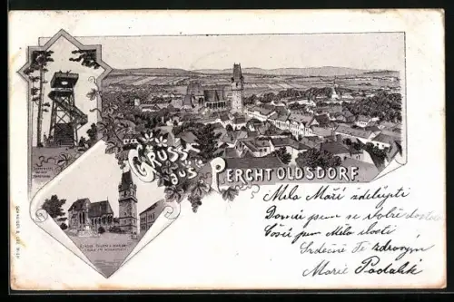 Lithographie Perchtoldsdorf, Marktplatz mit Kirche, Turm und Mariensäule, Ortsansicht aus der Vogelschau