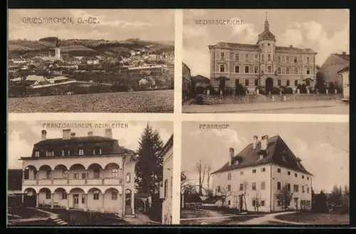 AK Grieskirchen, Ortsansicht, Bezirksgericht, Franziskusheim Reinleiten, Pfarrhof