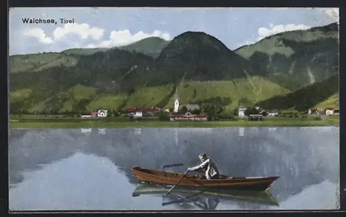 AK Walchsee /Tirol, Uferpartie mit Kirche und Boot