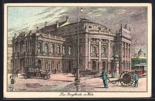 Künstler-AK Wien, Burgtheater mit Strassenbahn