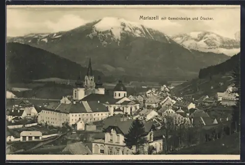 AK Mariazell, Teilansicht mit Kirche, Gemeindealpe und Ötscher