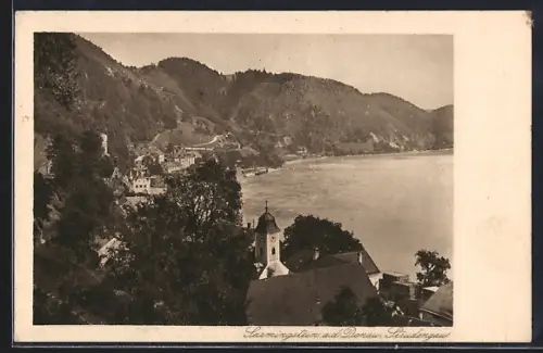 AK Sarmingstein a. d. Donau, Teilansicht mit Bäumen