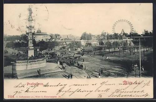AK Wien, Praterstern mit Denkmal, Im Hintergrund Riesenrad