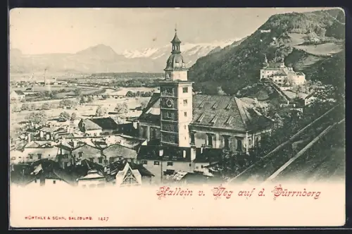 AK Hallein, Ortsansicht von dem Weg auf den Dürrnberg mit Kirche