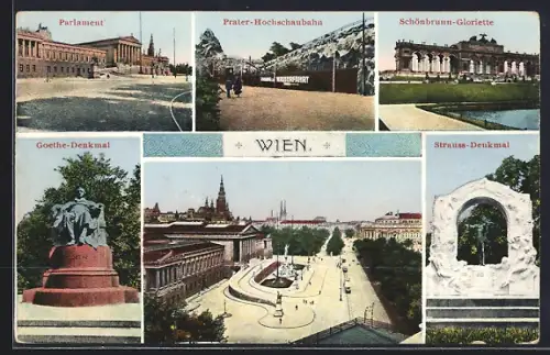 AK Wien, Schönbrunn-Gloriette, Parlament, Strauss-Denkmal