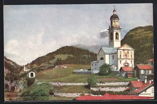 AK Tiefencastel, Teilansicht mit Kirche, Reklame Phytin