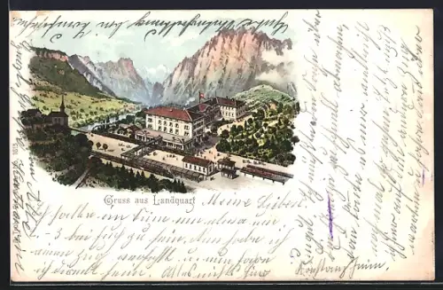 Lithographie Landquart, Ortsansicht mit Bahnhof