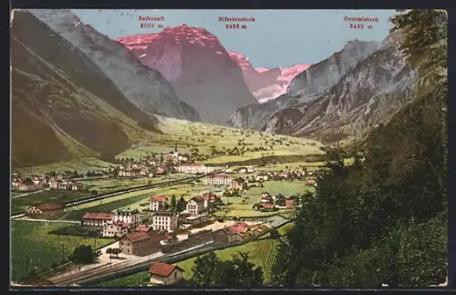 AK Linthal, Ortsansicht mit Bahnhof gegen Selbsanft und Gemmistock
