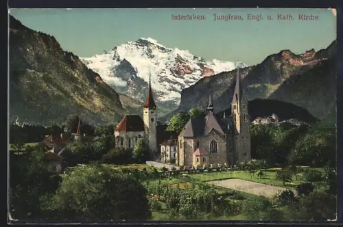 AK Interlaken, Engl. & Kath. Kirche m. Jungfrau