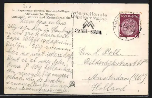 AK Hamburg-Stellingen, Carl Hagenbeck`s Tierpark, Afrikanische Steppe: Antilopen, Zebras und Kronenkraniche