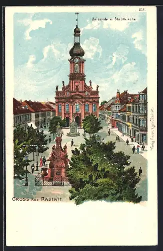 Lithographie Rastatt, Kaiserstrasse mit Stadtkirche und Denkmal