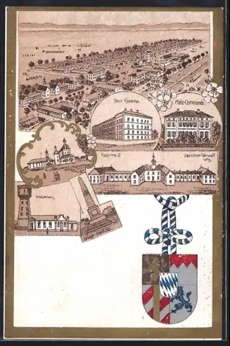 Lithographie Lager Lechfeld, Neue Kaserne, Krieger-Denkmal, Wasserturm, Platz-Kommando, Wappen