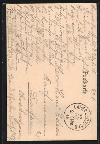 Lithographie Lager Lechfeld, Neue Kaserne, Krieger-Denkmal, Wasserturm, Platz-Kommando, Wappen