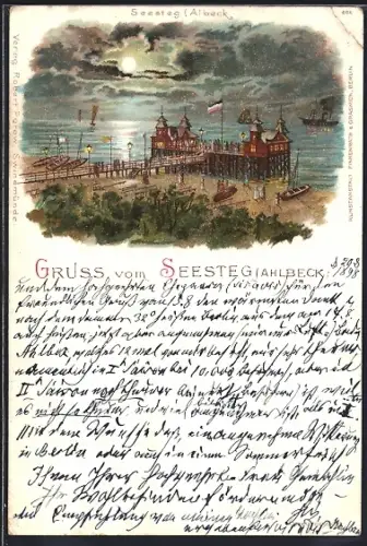 Mondschein-Lithographie Ahlbeck / Ostseebad, Blick auf den Seesteg im Vollmondlicht