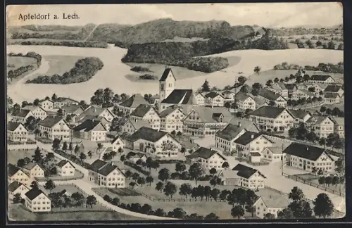 Lithographie Apfeldorf a. Lech, Ortsansicht aus der Vogelschau