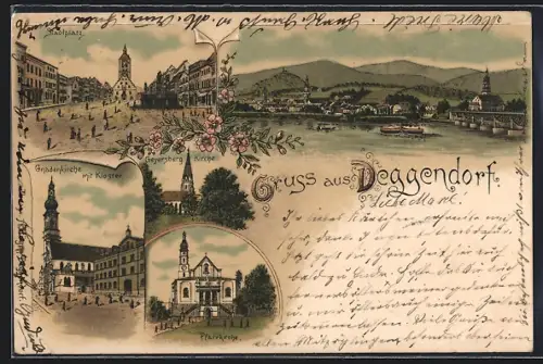 Lithographie Deggendorf, Ortsansicht, Stadtplatz, Gnadenkirche mit Kloster, Pfarrkirche