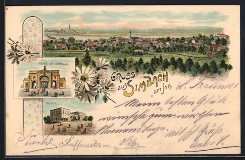 Lithographie Simbach a. Inn, Totalansicht aus der Vogelschau, Innbrücke, Bahnhof