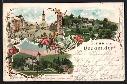 Lithographie Deggendorf, Stadtplatz, Sommerfrische Villa Wittelsbach, Schloss Egg