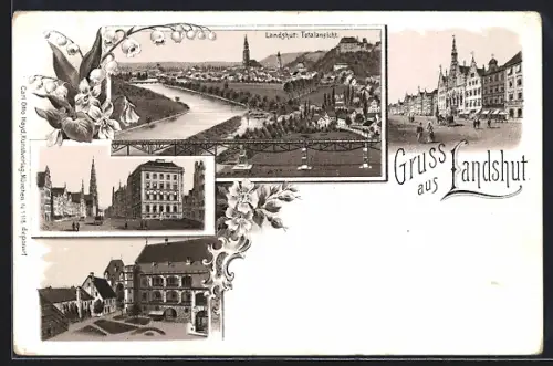 Lithographie Landshut / Isar, Totalansicht & Strassenpartien mit Geschäften