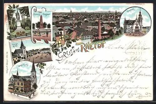 Lithographie Rheydt, Evangel. Kirche am Marktplatz, Kathol. Kirche, Bismarck-Denkmal